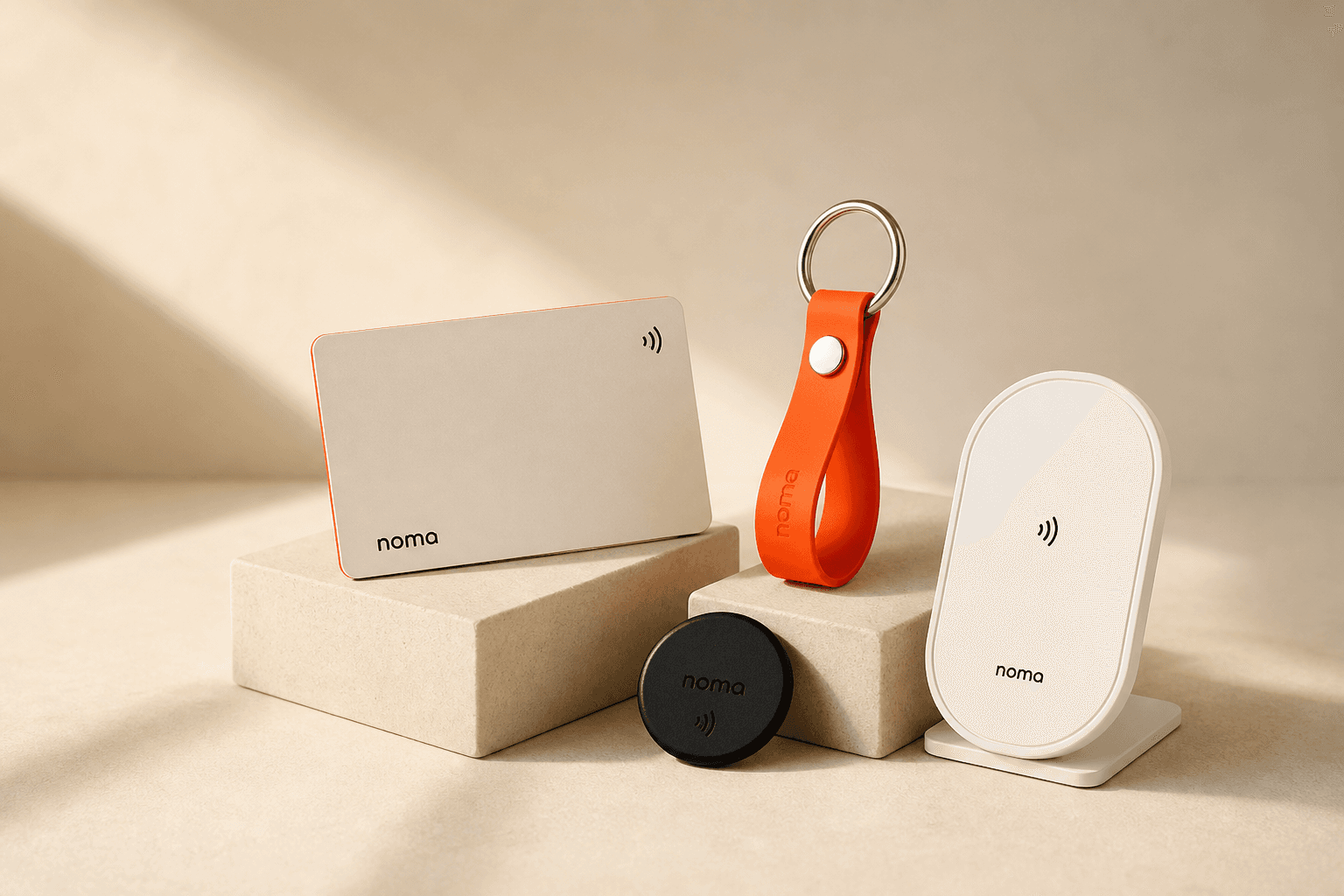 Colección Noma: tarjeta NFC, llavero naranja, tag negro y placa de escritorio personalizados